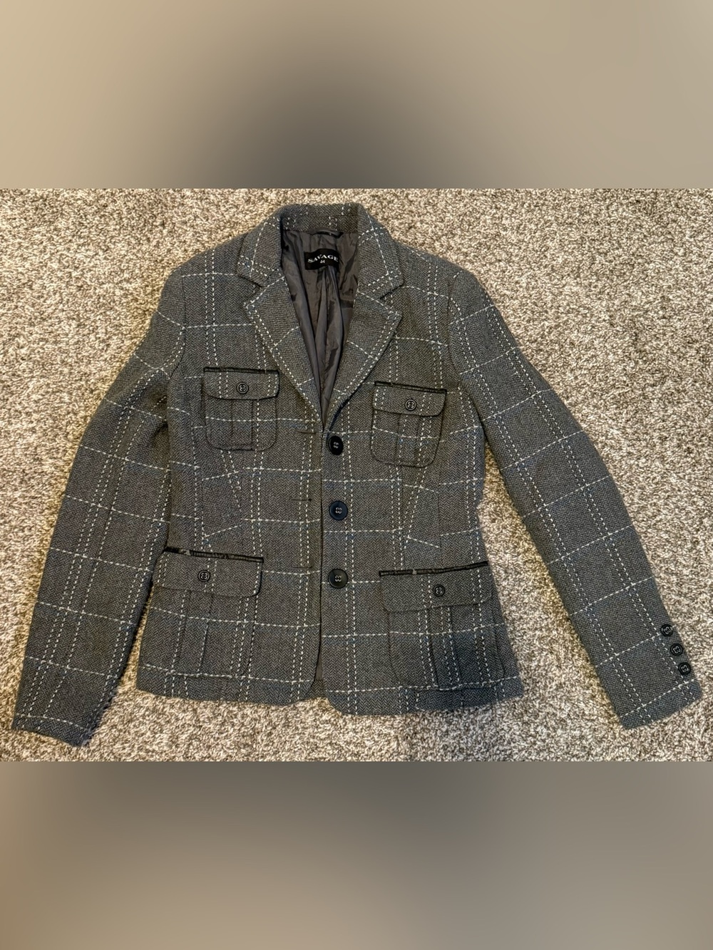 Women’s Savage Gray, White & Blue Plaid Blazer Jacket - Size 44 Med
